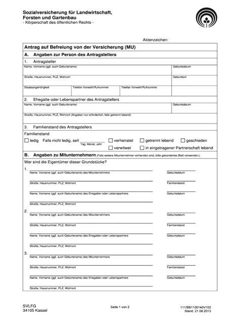 Ausfüllbar Online svlfg Antrag auf Befreiung von der Versicherung (MU ...