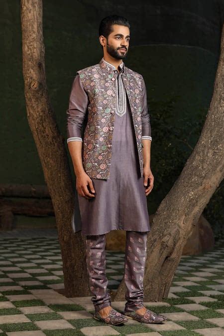 Buy Purple Silk, Chanderi Embroidery Mughal Floral Print Kurta Set For ...