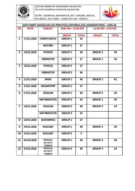 Practical Datesheet for Class XII - CBSE 19098 - Studocu