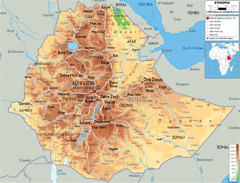 Large physical map of Ethiopia with roads, cities and airports ...