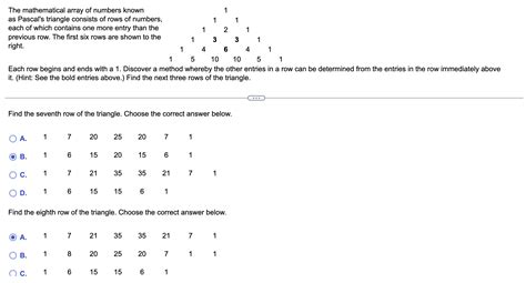 Find the seventh row of the triangle. Choose the | Chegg.com