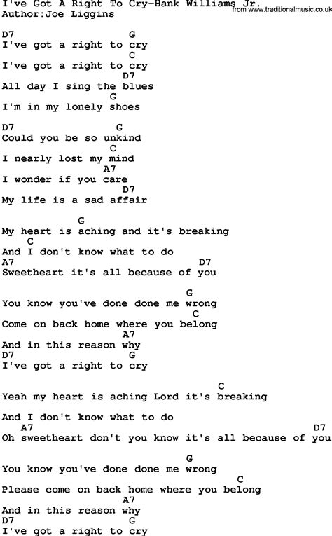 Country Music:I've Got A Right To Cry-Hank Williams Jr Lyrics and Chords