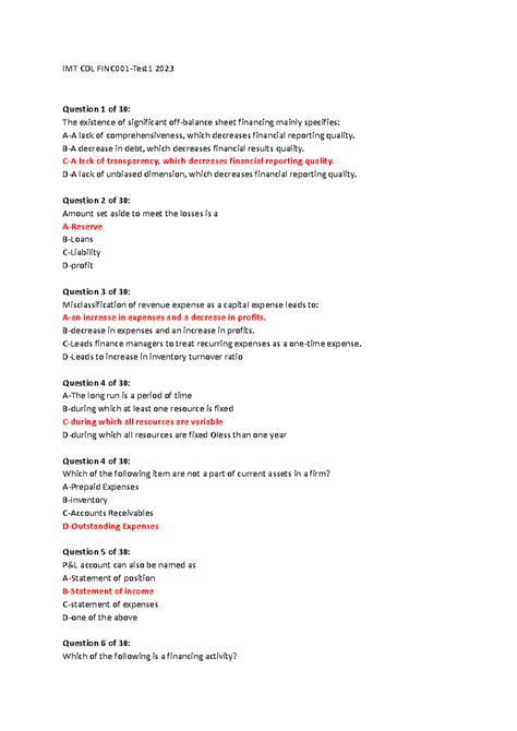 IMT CDL FINC001 - Test 1 Review & Practice Questions 2023 - Studocu