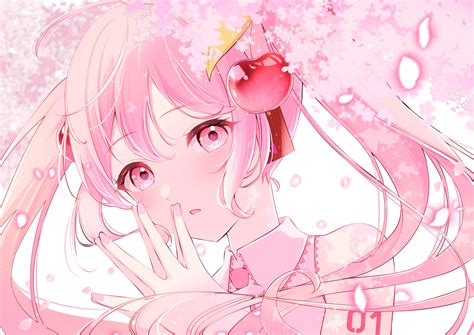 cherry blossoms close flowers hatsune miku headphones long hair petals ...