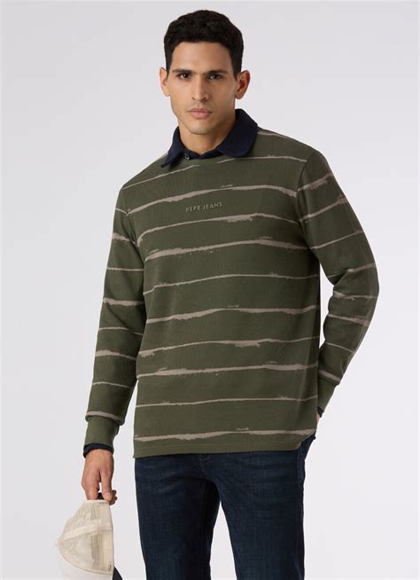 Men Olive Green Slim Fit Striped Full Sleeve T-shirt | Pepe Jeans India