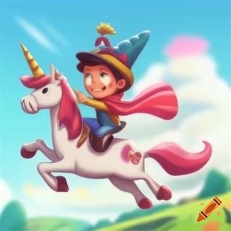 Child riding a unicorn in a whimsical setting on Craiyon