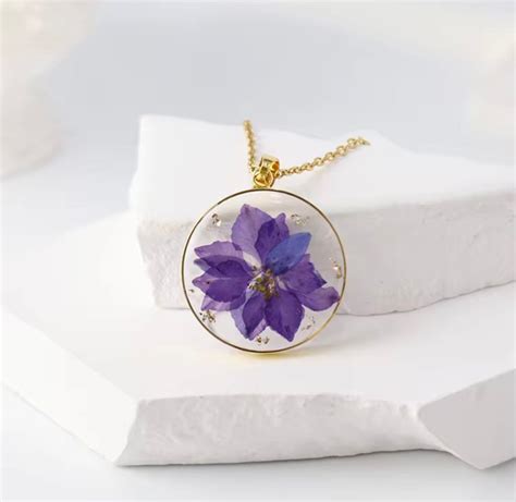 Real Delphinium Consolida Purple Larkspur Flower Pendant – Dainty ...