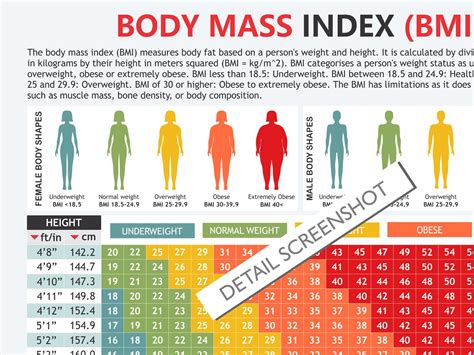 Body Mass Index Chart, Digital Download PDF, Height and Weight, Body ...