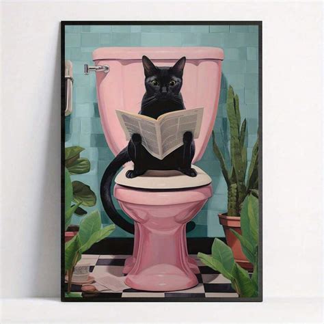 1pc,Black Cat Reading Newspaper On Toilet Canvas Poster - Frameless ...