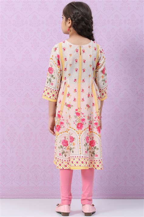 Off White & Pink Cotton Flared Printed Kurta Set