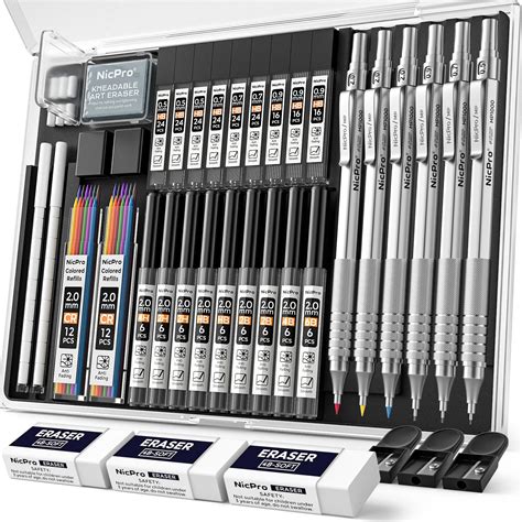 Nicpro 35PCS Silver Metal Mechanical Pencils Set in Case, Art Drafting ...