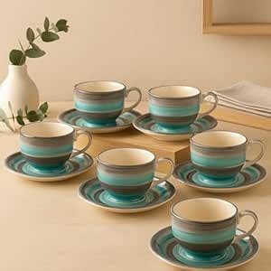 Buy KITTENS Green Ceramic Tea Cup & Saucer Set of 6 – 150ml ...