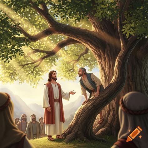 A vibrant illustration shows Jesus talking to Zacchaeus in a large tree, surrounded by a crowd ...