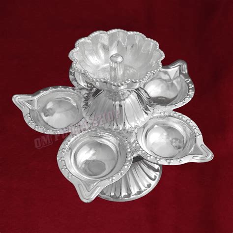 German Silver Panchmukhi Flower Diya for Puja and Gifts Purpose