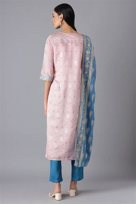 Buy Pink Printed kurta Blue Trousers and Dupatta Set Online for Woman ...