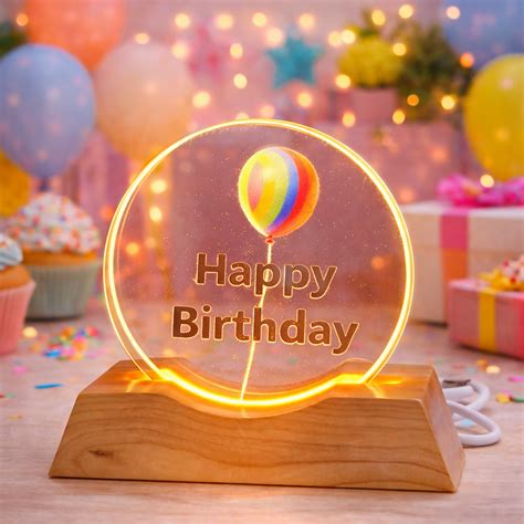 Happy Birthday Acrylic LED Plaque with Wooden Base Decorative Gift Lam