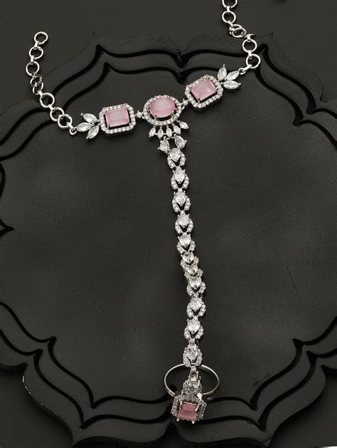 Pink American Diamond Block Leaf Link Silver-Plated Hathphool – Priyaasi