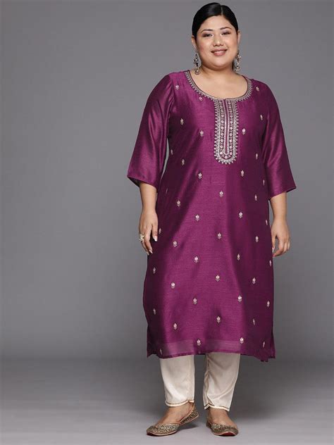 Buy Plus Size Purple Embroidered Silk Straight Kurta Online at Rs.924 ...