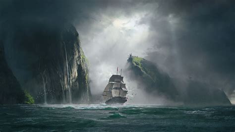 Download wallpaper 2560x1440 ship, sea, rocks, fog, art widescreen 16:9 ...