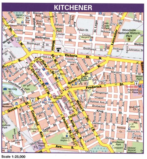 Kitchener Canada city map. Large printable tourist map Kitchener downtown