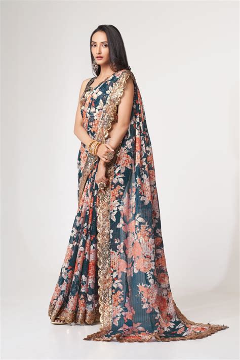 Dove Blue Organza Saree with Sequin Embroidery and Digital P