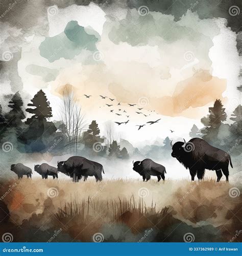A Group of Buffalo are Walking through a Forest Stock Illustration ...