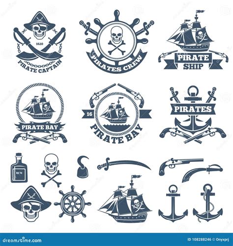 Vintage Nautical and Pirates Labels. Monochrome Logos of Sea and ...