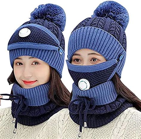 Buy V3E Winter Pom pom Hat Scarf, Knitted Thickened Lining Hat Neck ...
