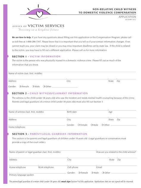 Non-Relative Child Witness Domestic Violence Compensation Application ...