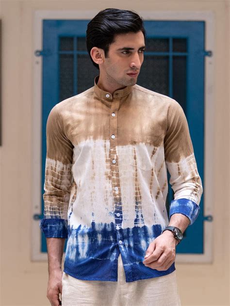 Buy Brown Tie and Dye Chinese Collar Shirt Online | Tistabene