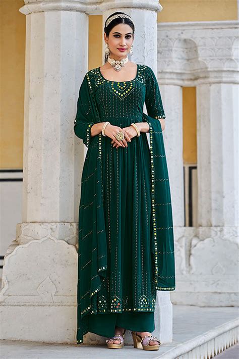 Green Georgette Embroidered Work Kurta Palazzo Dupatta Set