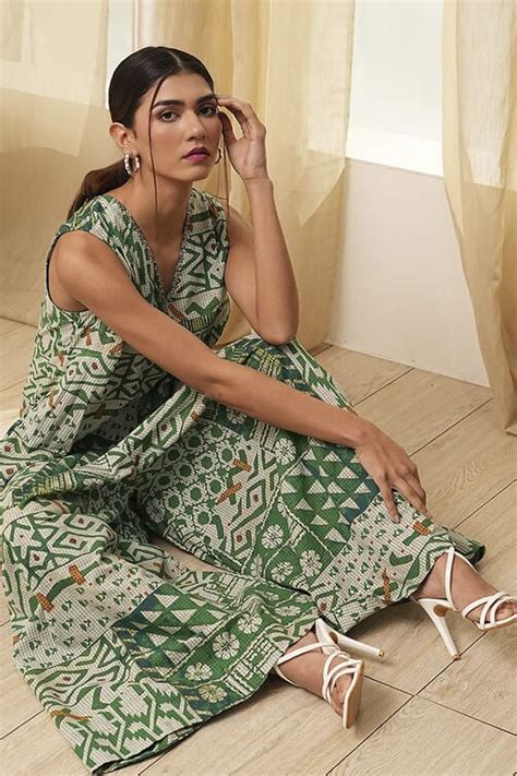 Buy Green Cotton Printed Flared Jumpsuit Online at Biba India