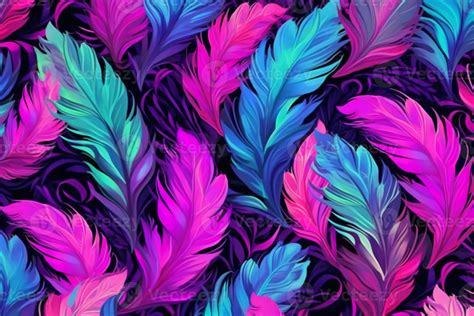 A hot pink, purple and teal repeating pattern of feathers, watercolor ...