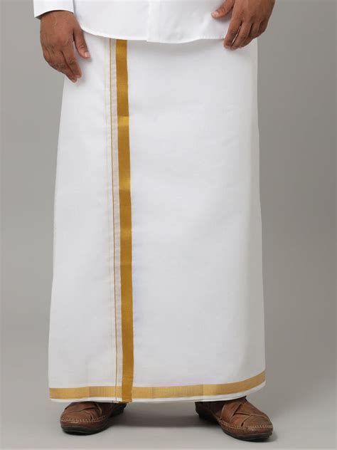 Men 100%Cotton Single Layer White Dhoti with 1" Gold Jari Border Sopna ...