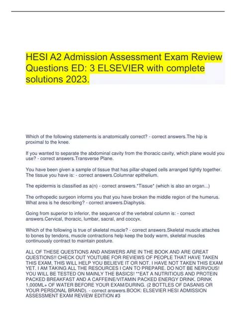 HESI A2 Admission Assessment Exam Review Questions ED: 3 ELSEVIER with ...