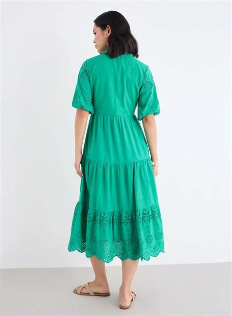 Styli Styli Women Green Schiffli Puff Sleeves Tiered Midi Dress for ...