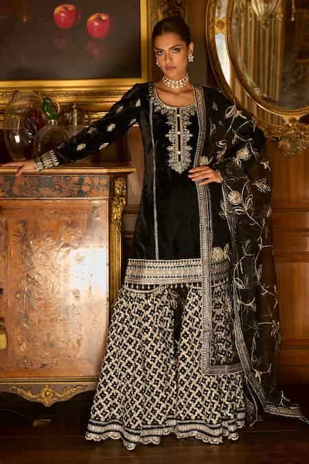 Buy Black Velvet, Net, Satin Sequins, Zari, Embroidery Scoop Neck Kurta ...