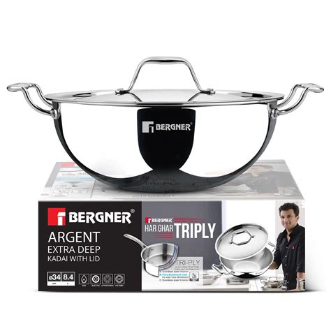 BERGNER Argent TriPly Stainless Steel 34cm (9.1 Liters) Deep Kadai with ...