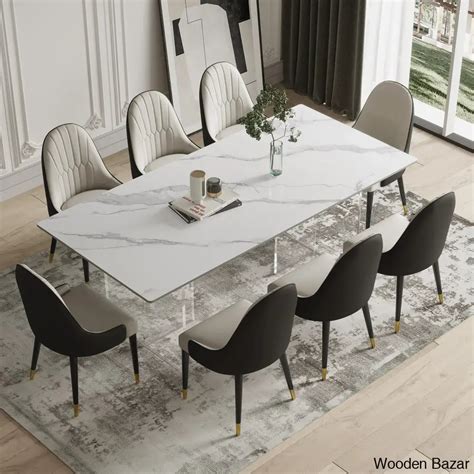 9 - Piece Sintered Stone Dining Table with 8 Leather Chairs Dining Set ...