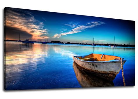 yearainn Canvas Wall Art Boat Blue Lake Water Sunset Panoramic Painting ...