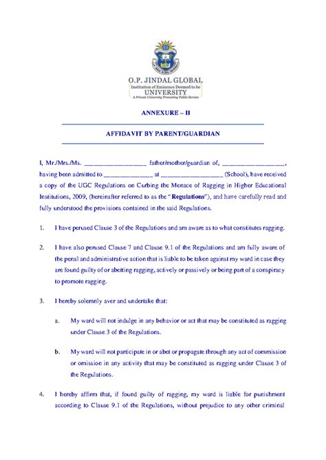 Anti-ragging Affidavit by Parent or Guardian - ANNEXURE – II AFFIDAVIT ...