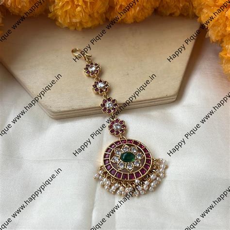 Real Kemp Flower Chakra Antique Gold Bridal Nethichutti/Maang Teeka: E