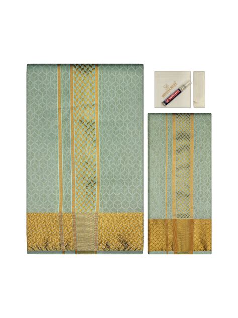 Art Silk Pista Shirt Bit & 2.5" Gold Jari Dhoti Towel Combo ...