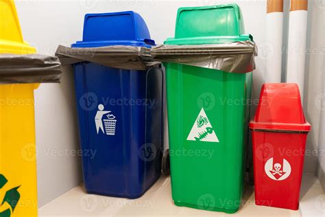 Colorful trash dustbin, Red, green, blue and yellow bin for Hazardous ...