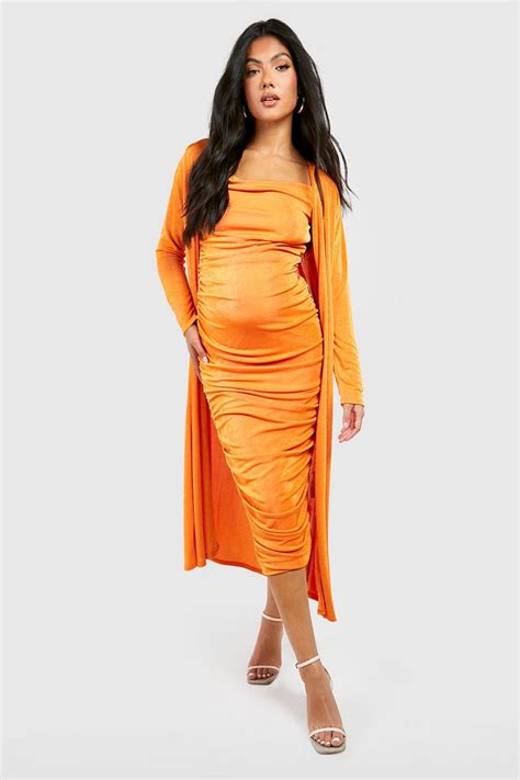 Maternity Strappy Cowl Neck Dress And Duster Coat | boohoo IL