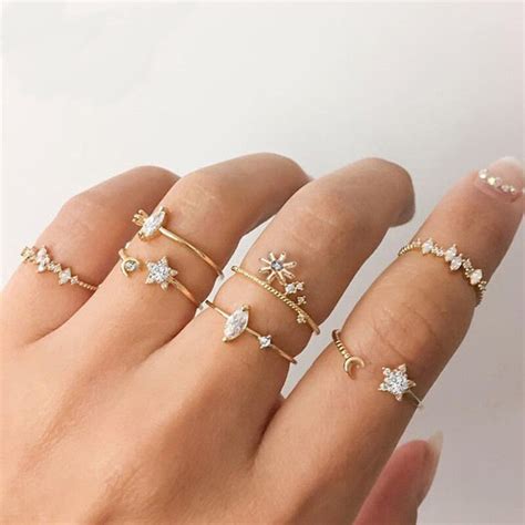 Buy Gold Plated Stackable Moon-Star Rings Set of 7 For Women in Bulk at ...
