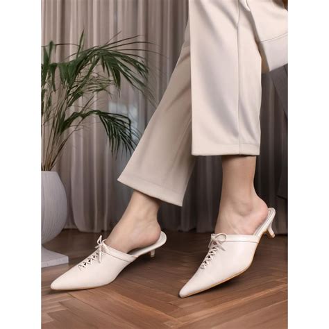Buy ELLE Cream Womens Lace-Up Kitten Mules Heels Online