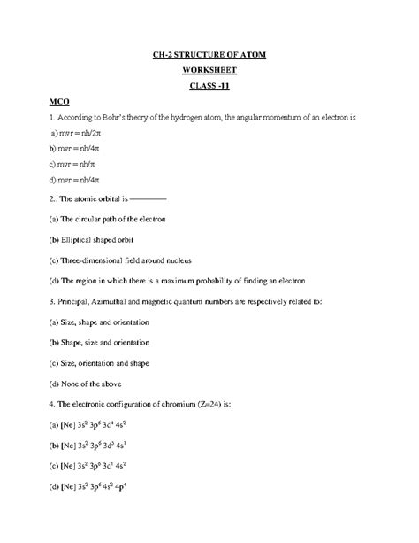 CH-2 Structure of Atom MCQ Worksheet - Studocu