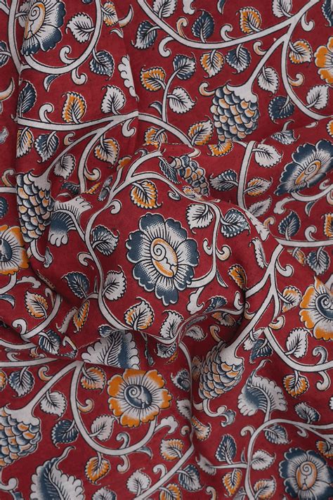 Allover Floral Design Cherry Red Kalamkari Cotton Saree – Sundari Silks