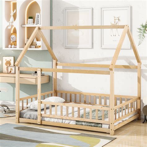 Harper Orchard Floor Wooden Bed With House Roof Frame | Wayfair